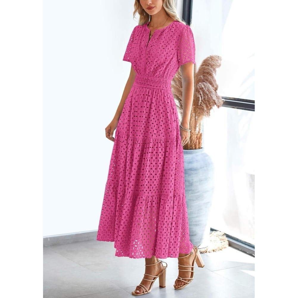 PRETTYGARDEN Women's Summer Maxi Dress Short Sleeve V Neck Eyelet Dress Size XL - Picture 5 of 9